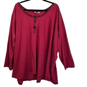 Ulla Popken Womens Burgundy Cotton Henley Long Sleeve Relaxed Fit Top Minimalist